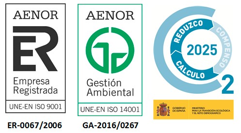 AENOR ISO 9001, AENOR ISO 14001 y sello Calculo Reduzco · 2025